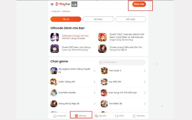 Anh em đăng nhập tài khoản Playfun và chọn mục Giftcode